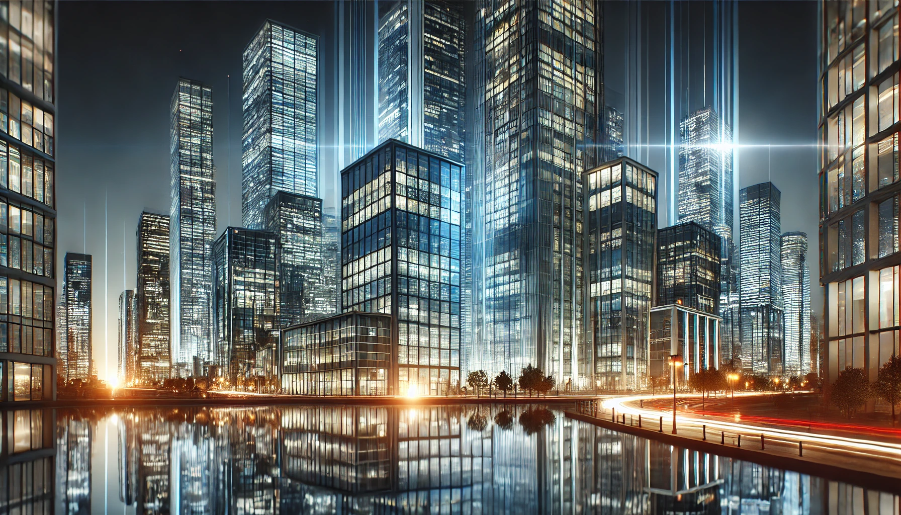 DALL·E 2025-02-25 13.45.36 - A stunning nighttime cityscape featuring modern skyscrapers with illuminated windows, creating a dynamic and p
